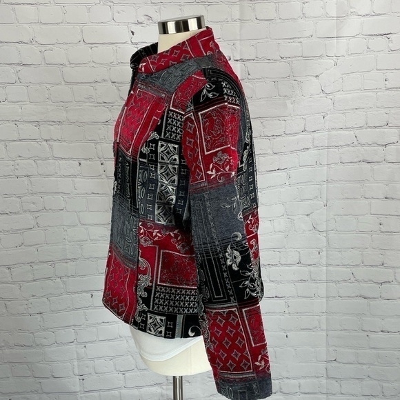 Christopher & Banks Zip Tapestry Blazer Red/Gray/Black Mandarin Collar Large - Picture 2 of 10